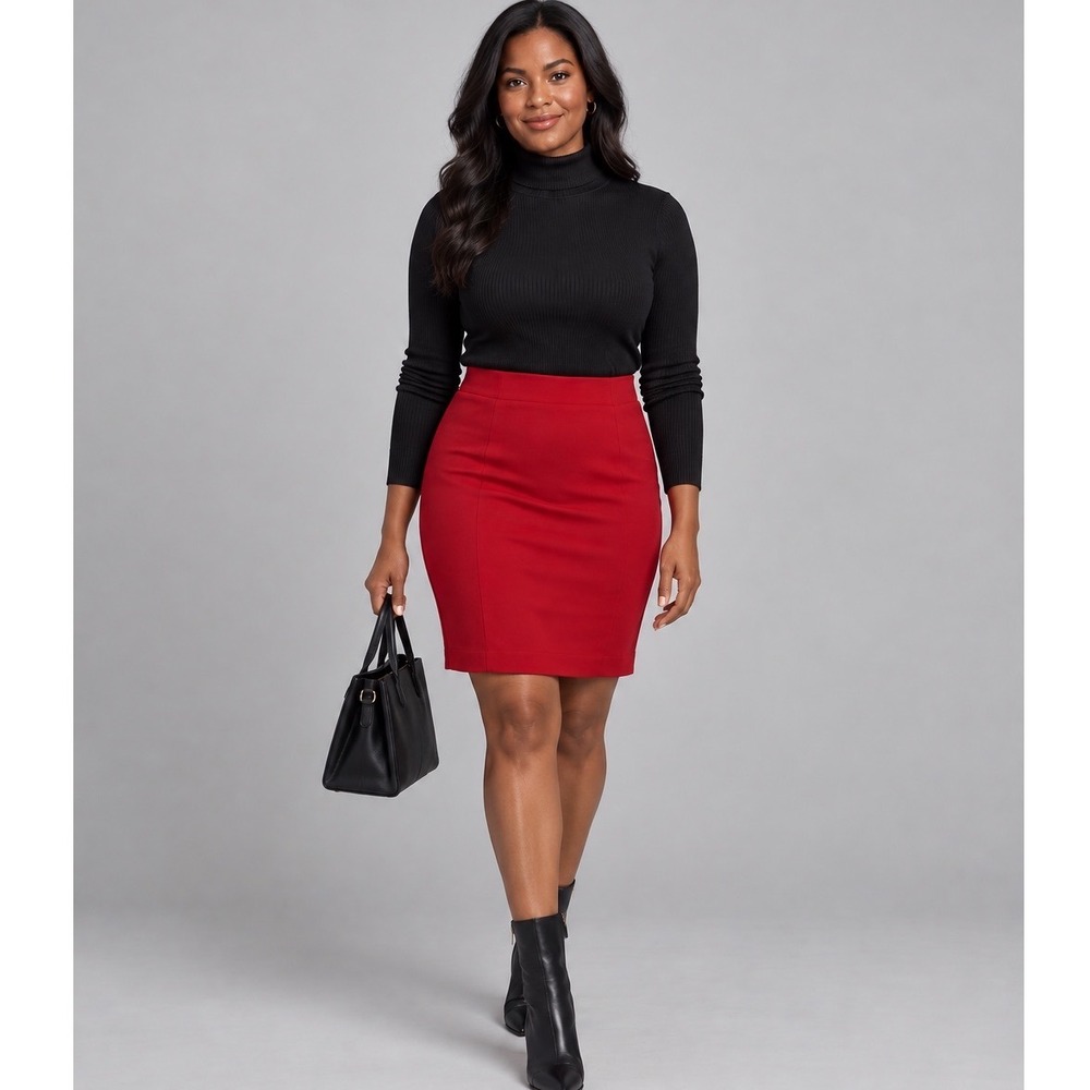 Les Copains Red Pencil Skirt Size 16 US Stretch Knit Zip Back Quiet Luxury